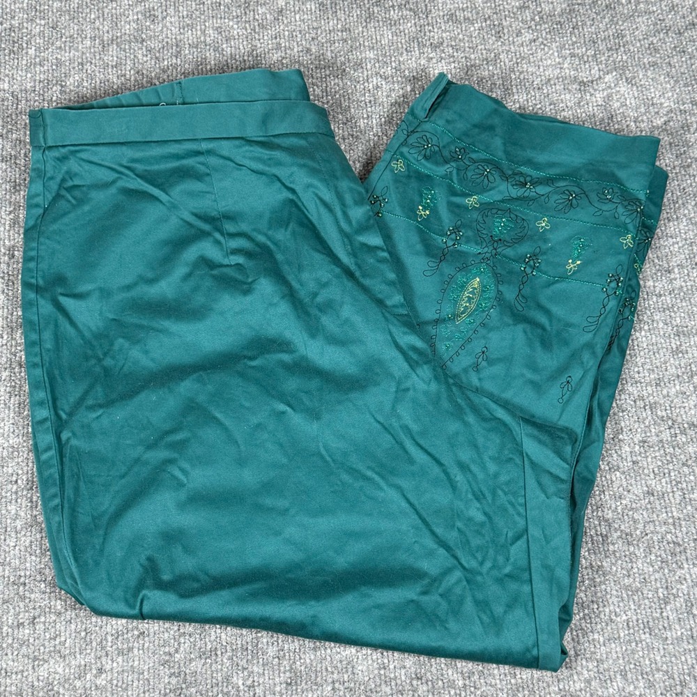 Worthington‎ 16w Stretch Capri Crop Pants Teal Embroidered Beaded Button Missing